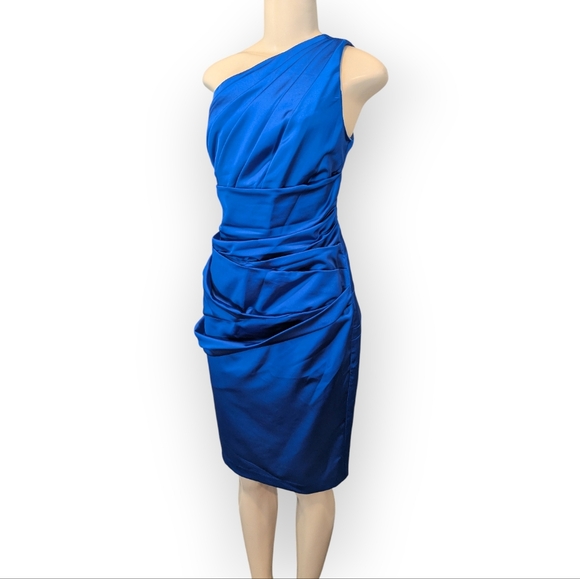 David's Bridal One Shoulder Asymmetrical Ruched Horizon Blue Cocktail Dress 16 - Picture 2 of 16